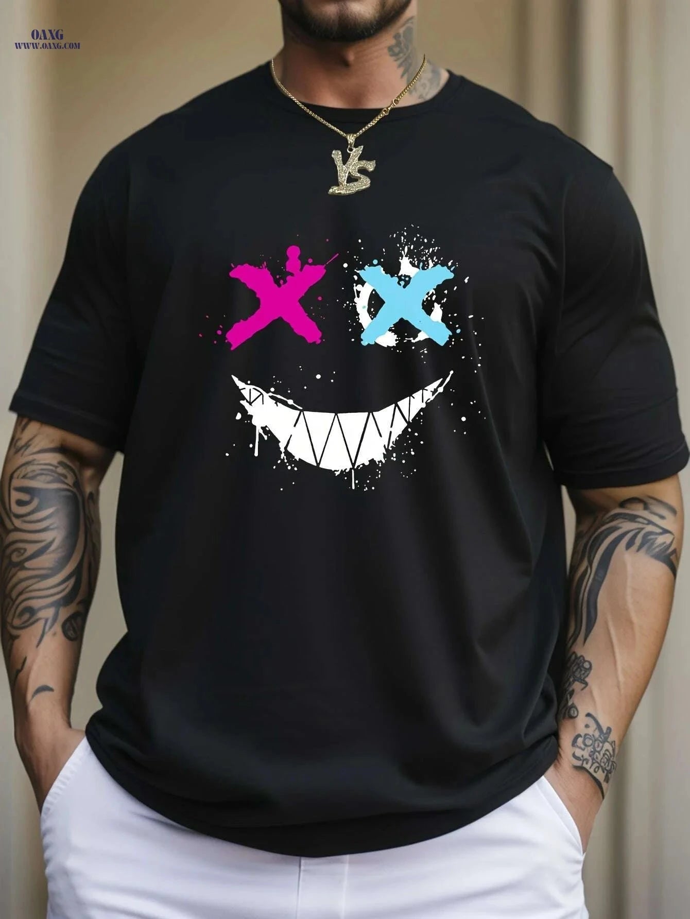 Cross Eyes Smile Face Print Men's Graphic T-shirt - Casual Summer Tee   OAXG White / S