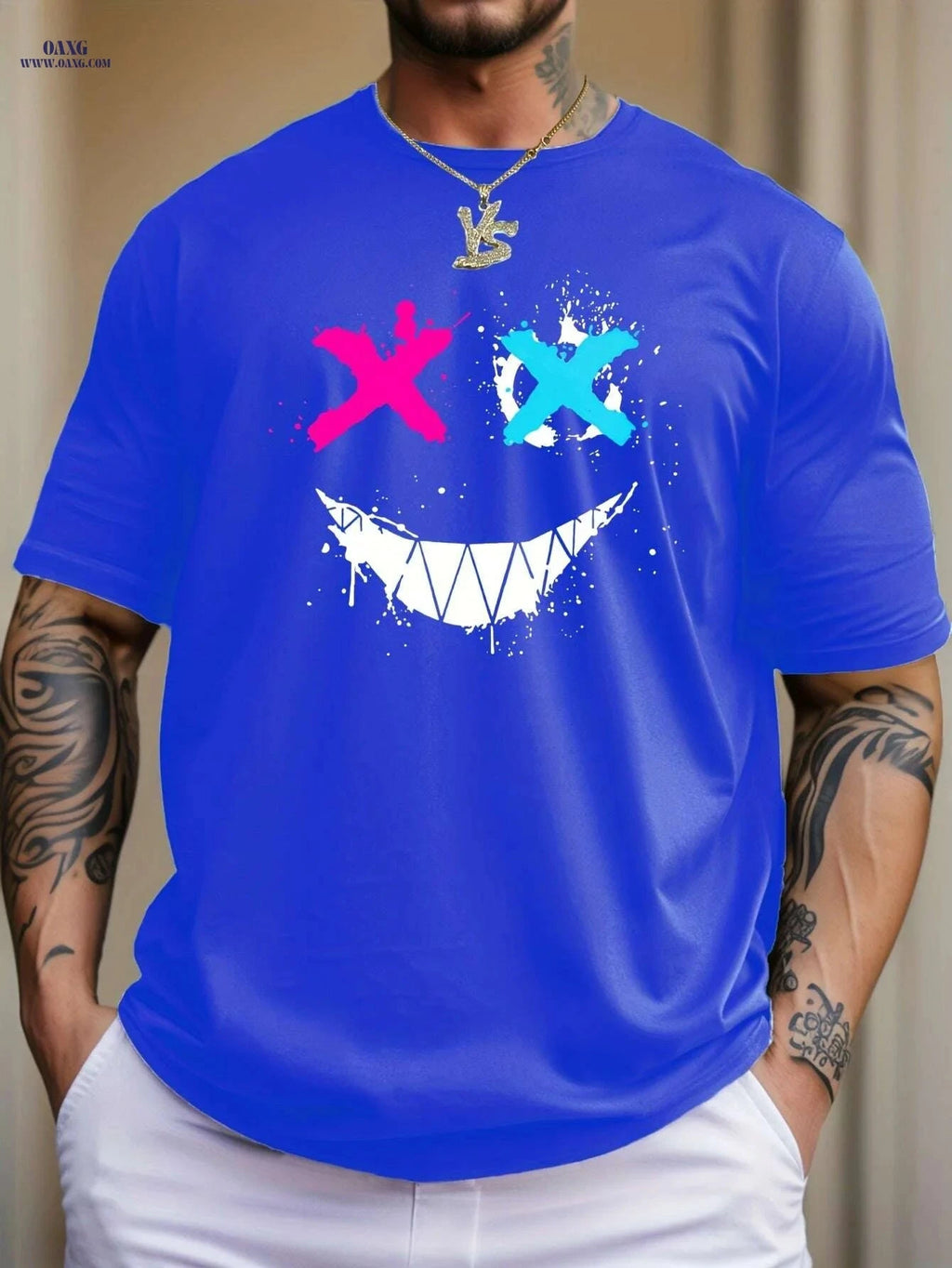 Cross Eyes Smile Face Print Men's Graphic T-shirt - Casual Summer Tee   OAXG White / S