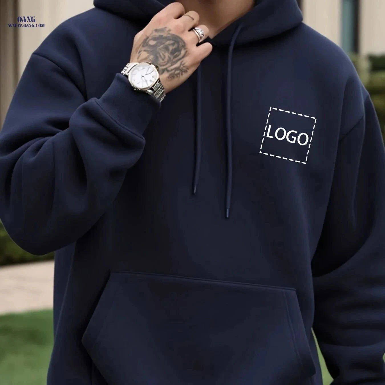 Custom Men's Hooded Sweatshirt - Playful & Casual Loose Fit   OAXG Navy Color / FR S