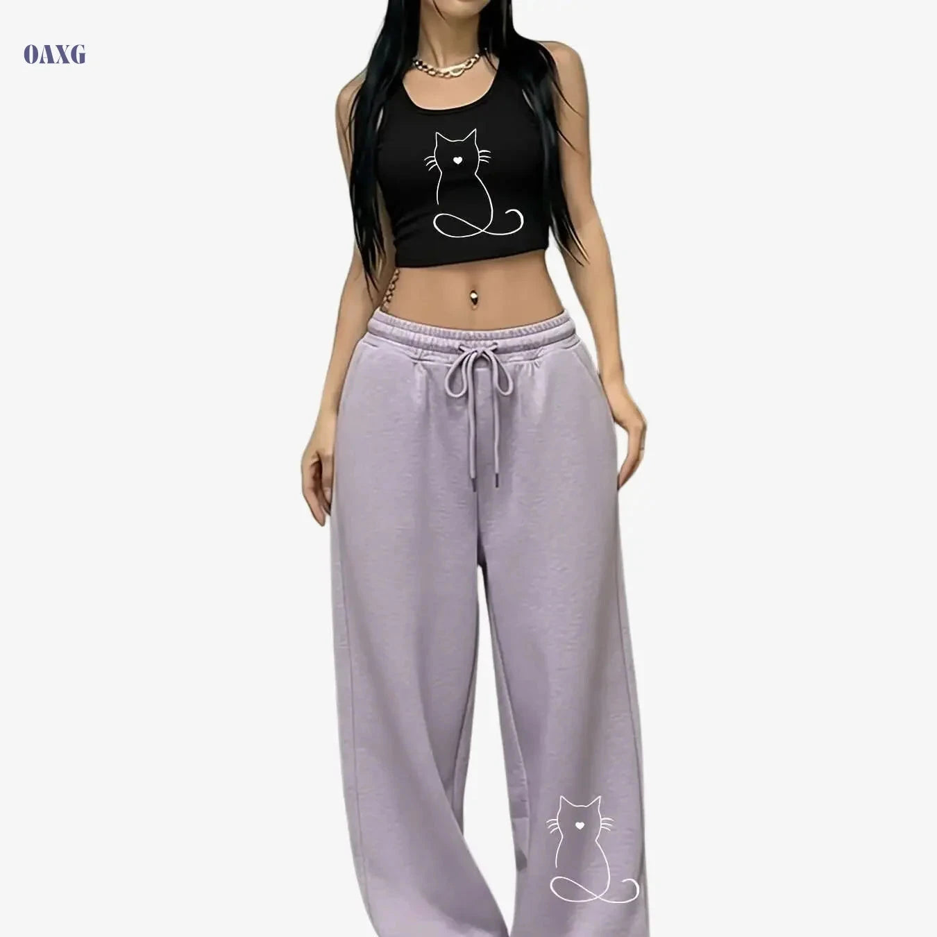 Cute Cat Pattern Sports Set for Women - Casual Pants & Tank Top   OAXG 