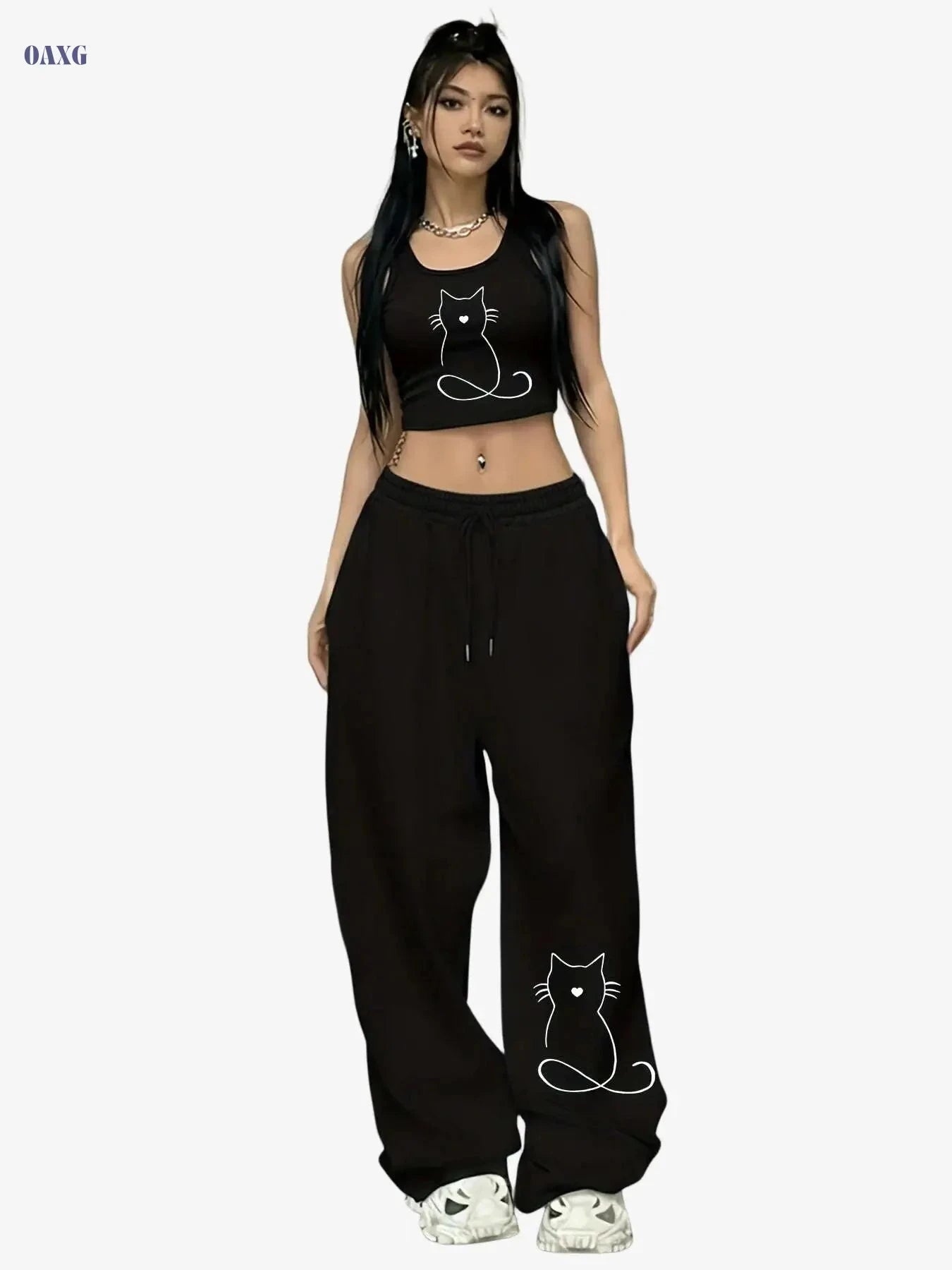 Cute Cat Pattern Sports Set for Women - Casual Pants & Tank Top   OAXG 