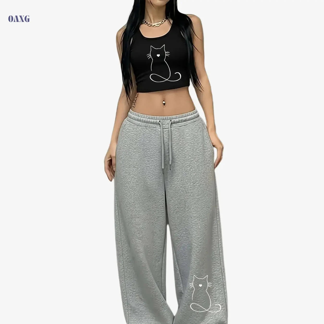 Cute Cat Pattern Sports Set for Women - Casual Pants & Tank Top   OAXG 
