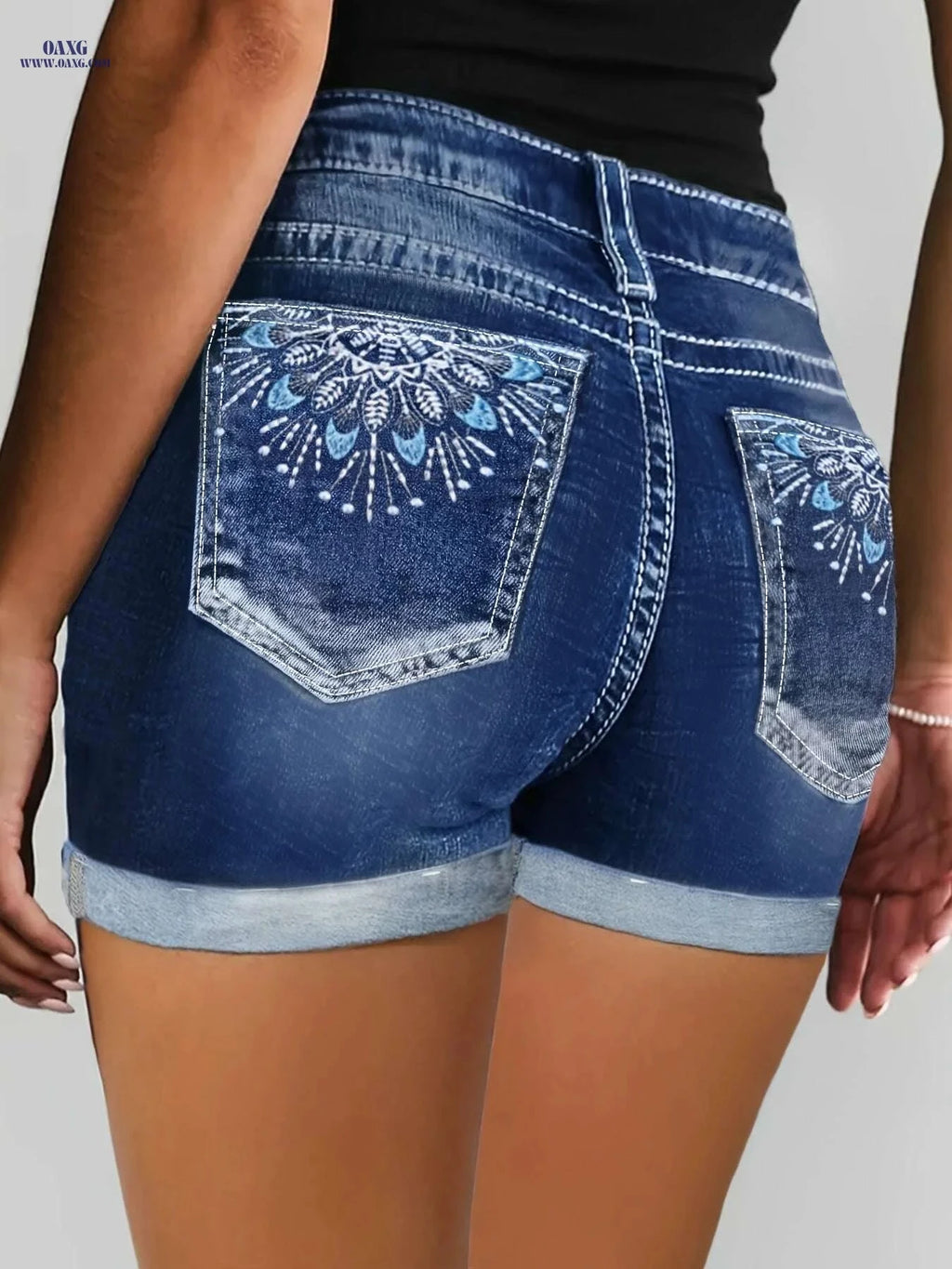 CUYULITCIK Women's Sky Blue Denim Shorts - High Waist, Embroidered Pocket   OAXG 