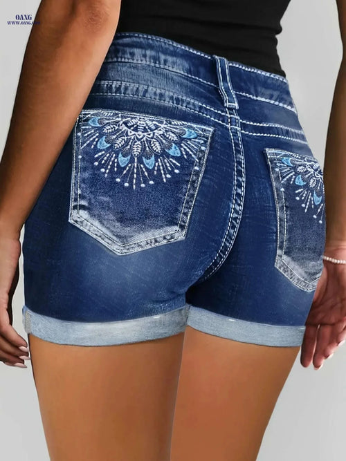 CUYULITCIK Women's Sky Blue Denim Shorts - High Waist, Embroidered Pocket   OAXG 