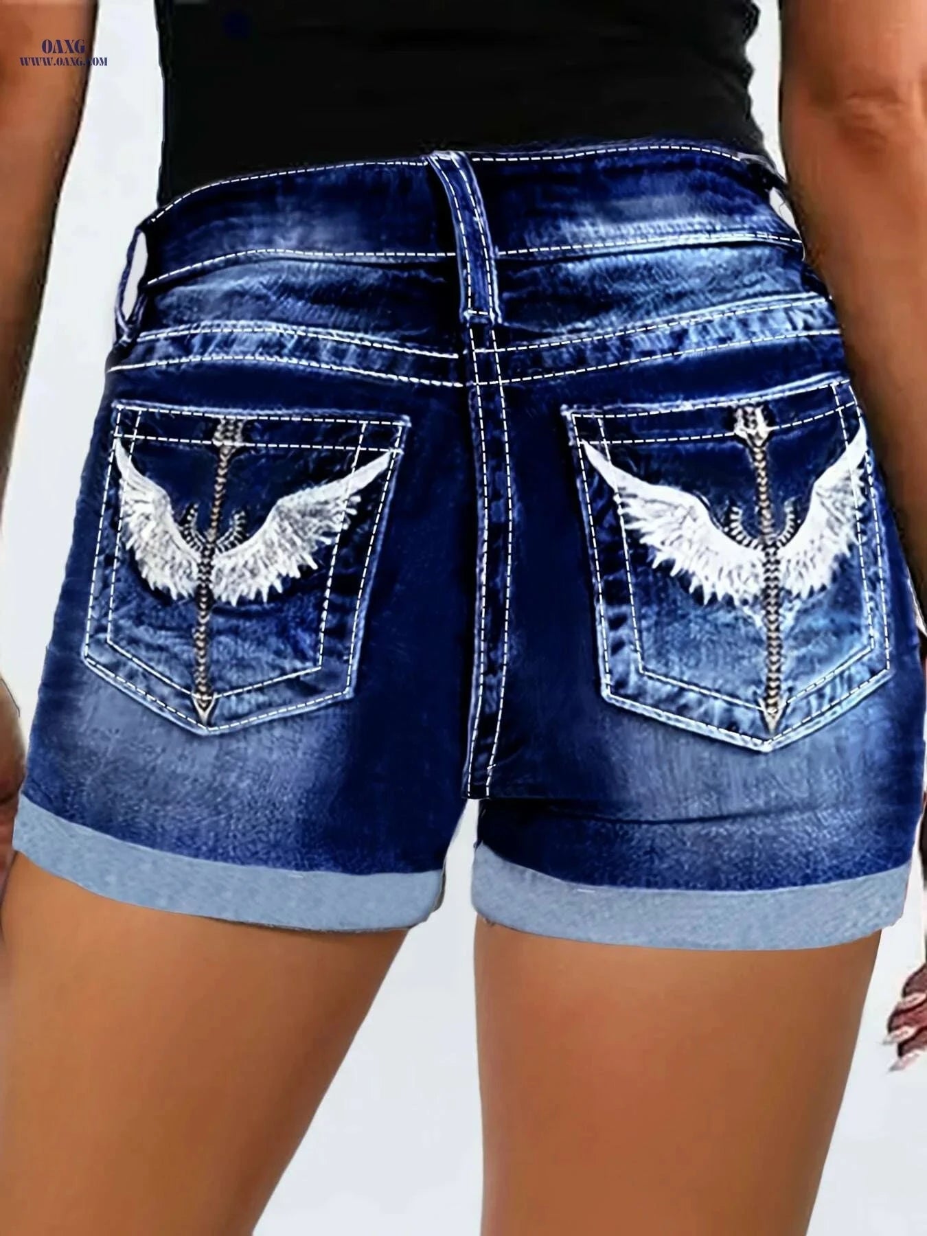 CUYULITCIK Women's Sky Blue Denim Shorts - High Waist, Embroidered Pocket   OAXG 