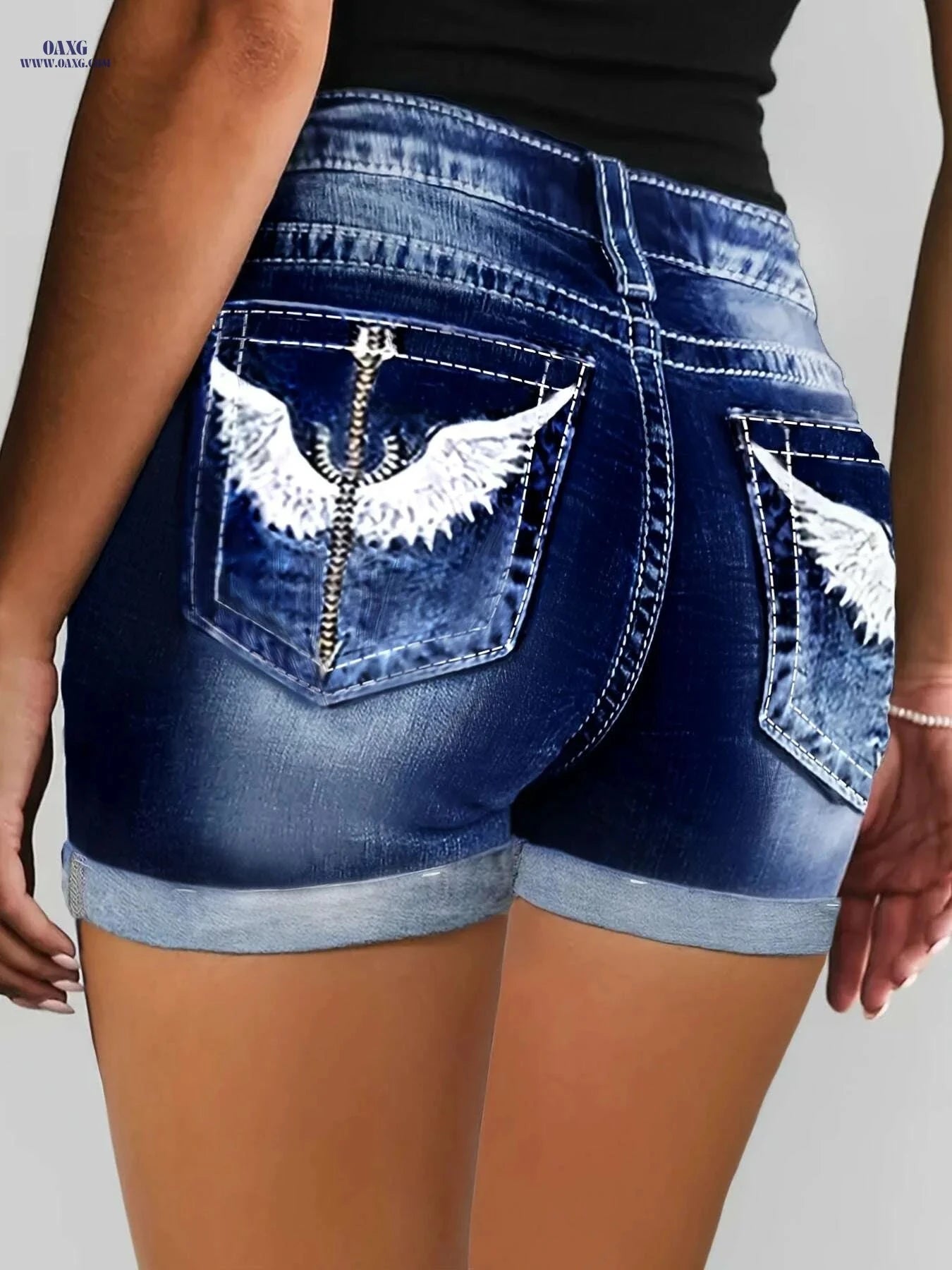 CUYULITCIK Women's Sky Blue Denim Shorts - High Waist, Embroidered Pocket   OAXG 
