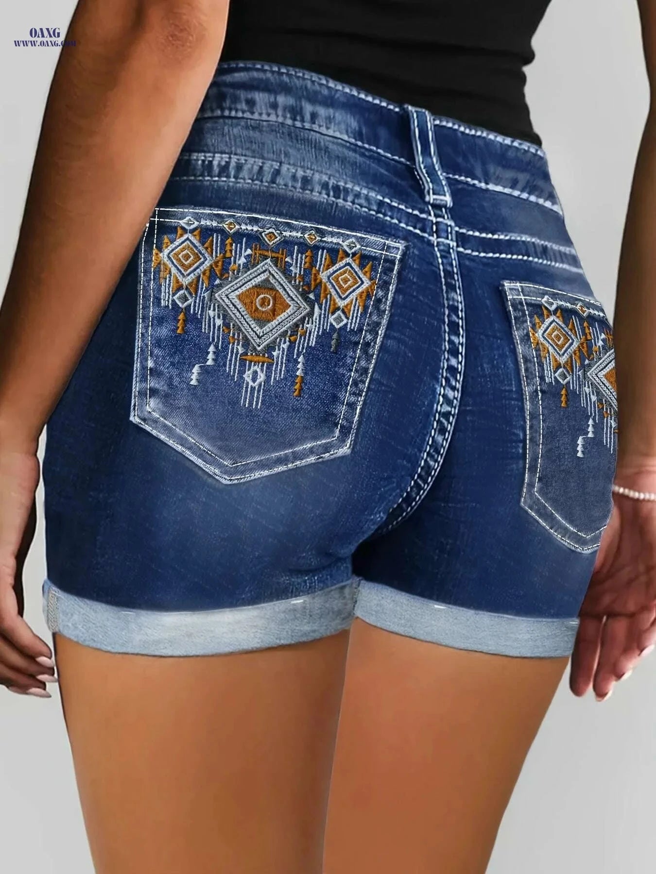 CUYULITCIK Women's Sky Blue Denim Shorts - High Waist, Embroidered Pocket   OAXG 