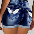 CUYULITCIK Women's Sky Blue Denim Shorts - High Waist, Embroidered Pocket   OAXG 