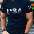 Dark Blue USA Graphic Tee - Casual Polyester Crew Neck T-Shirt   OAXG 