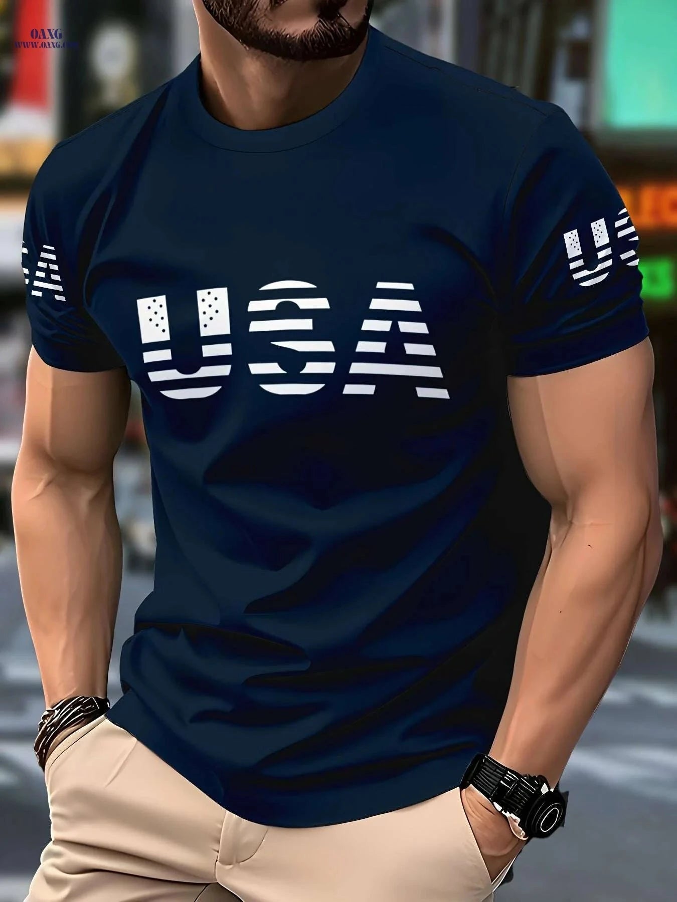 Dark Blue USA Graphic Tee - Casual Polyester Crew Neck T-Shirt   OAXG Navy Blue / S