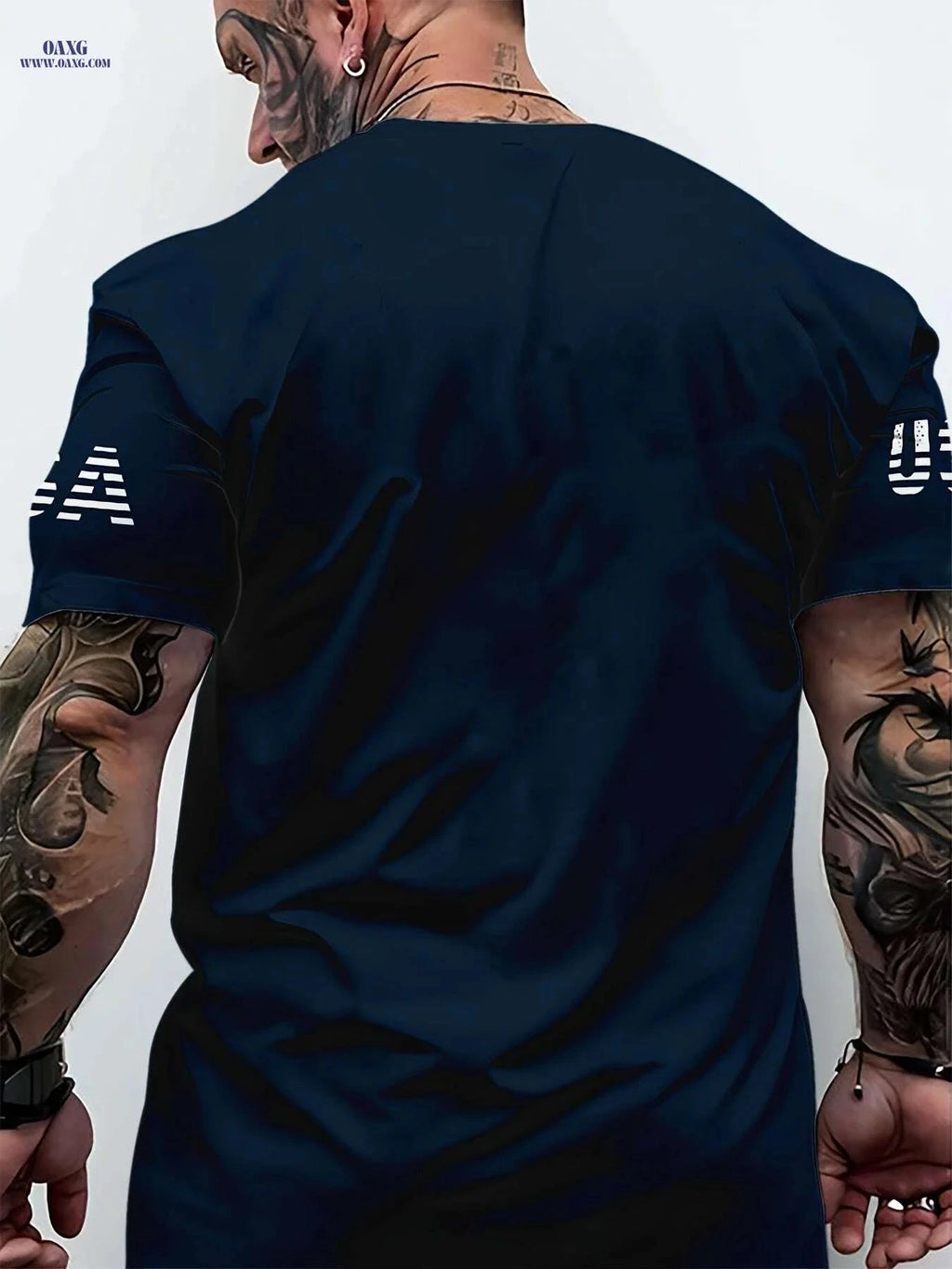 Dark Blue USA Graphic Tee - Casual Polyester Crew Neck T-Shirt   OAXG Navy Blue / S