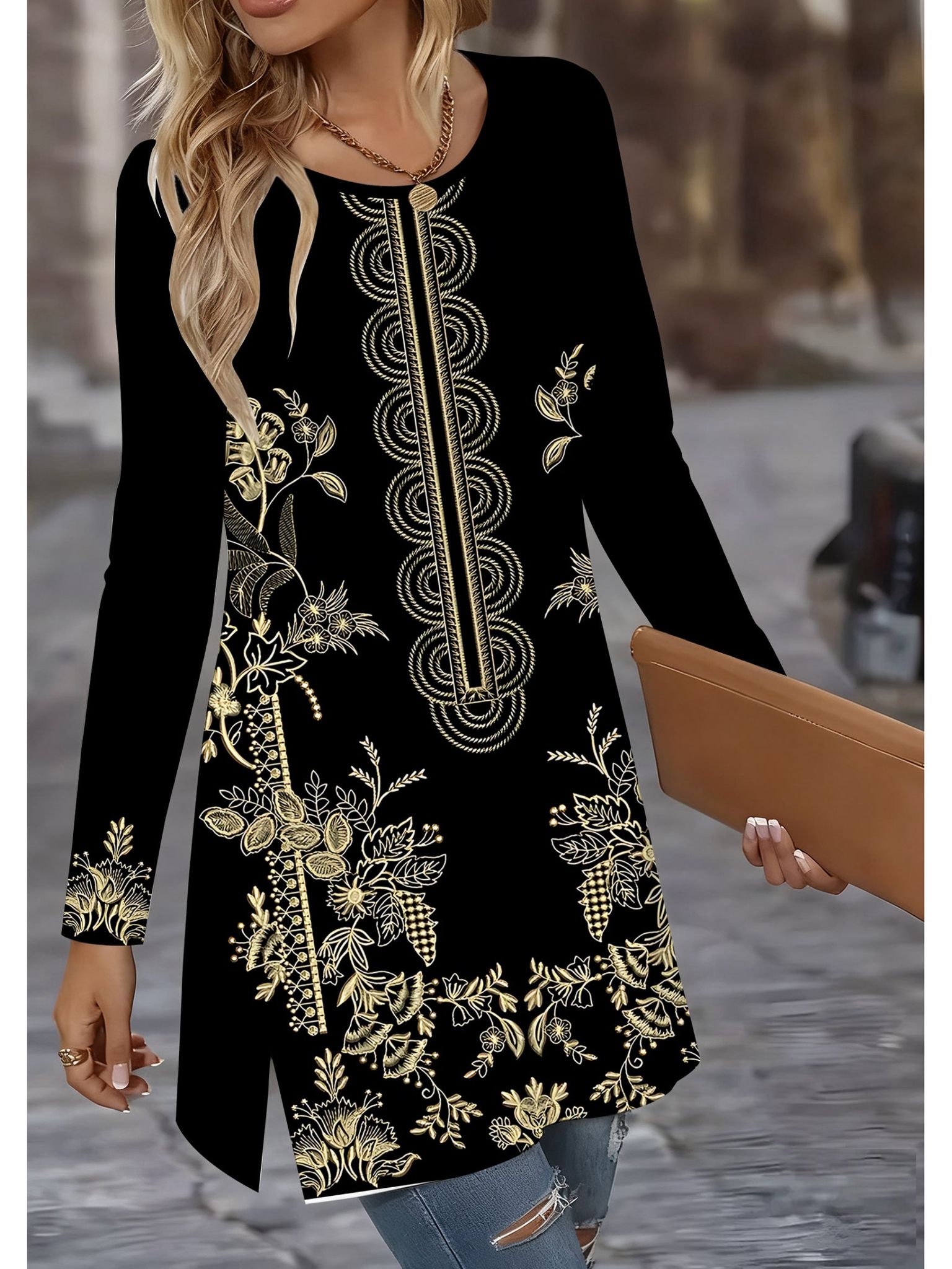 Digital Print Women's Top, Vintage Floral Pattern, Round Neck Long Sleeve with Long Hem and Slit, Artistic Loose Fit Blouse for Daily Wear   OAXG Mixed colors / S