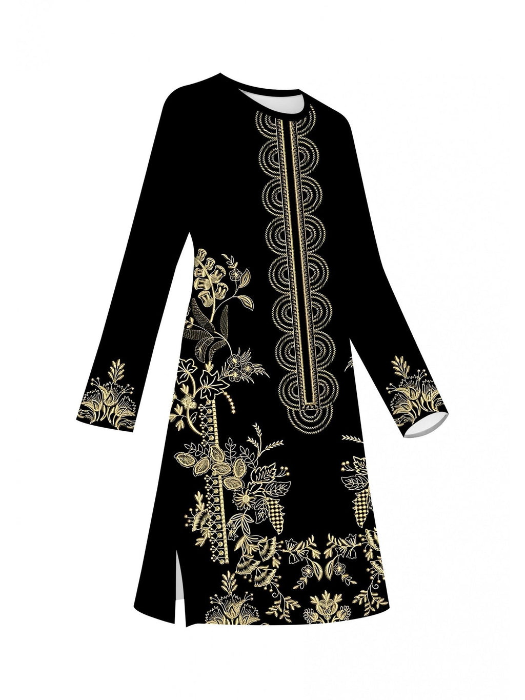Digital Print Women's Top, Vintage Floral Pattern, Round Neck Long Sleeve with Long Hem and Slit, Artistic Loose Fit Blouse for Daily Wear   OAXG Mixed colors / S