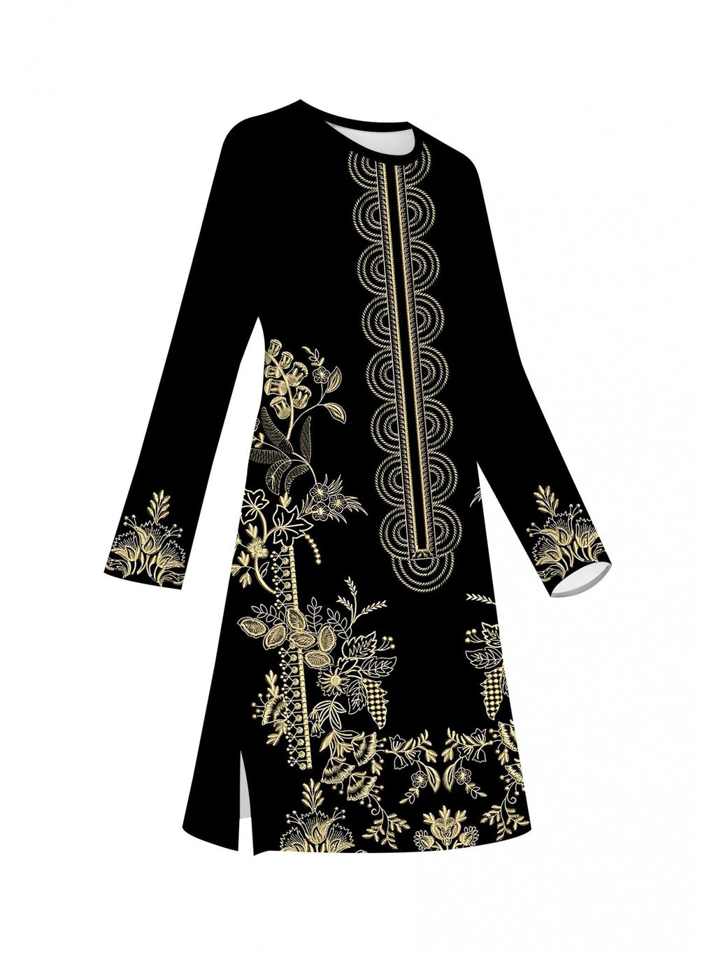 Digital Print Women's Top, Vintage Floral Pattern, Round Neck Long Sleeve with Long Hem and Slit, Artistic Loose Fit Blouse for Daily Wear   OAXG Mixed colors / S