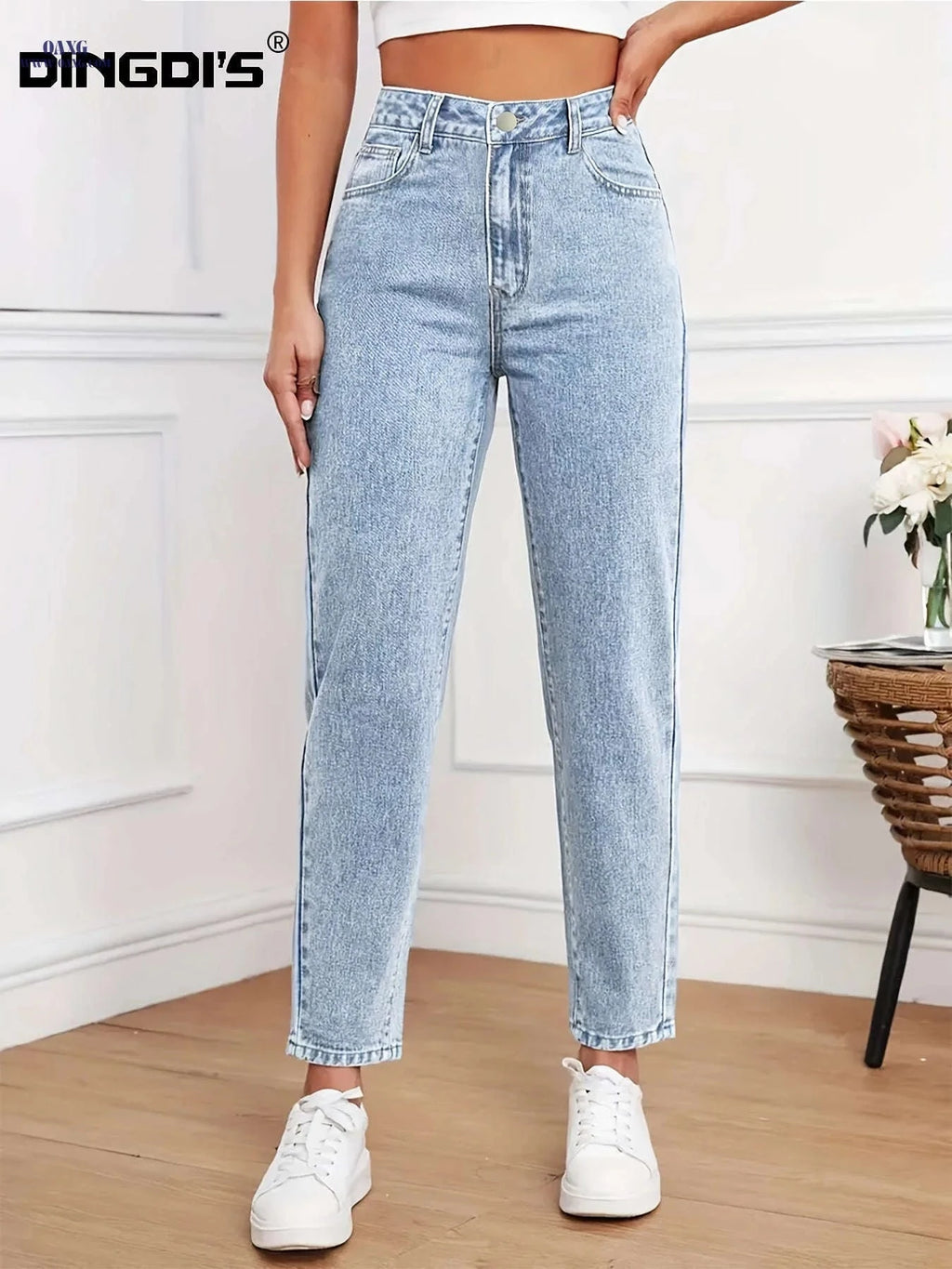 DINGDI Ladies' Stretchy Mid-Rise Blue Straight-Leg Jeans - Tummy Control   OAXG 