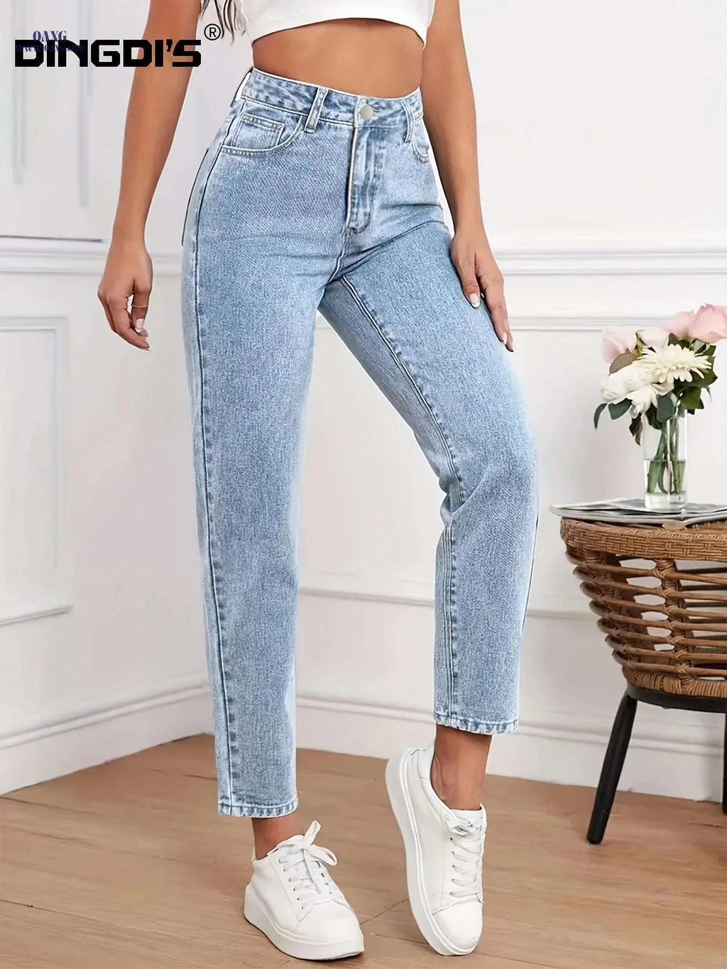 DINGDI Ladies' Stretchy Mid-Rise Blue Straight-Leg Jeans - Tummy Control   OAXG Light Blue / S