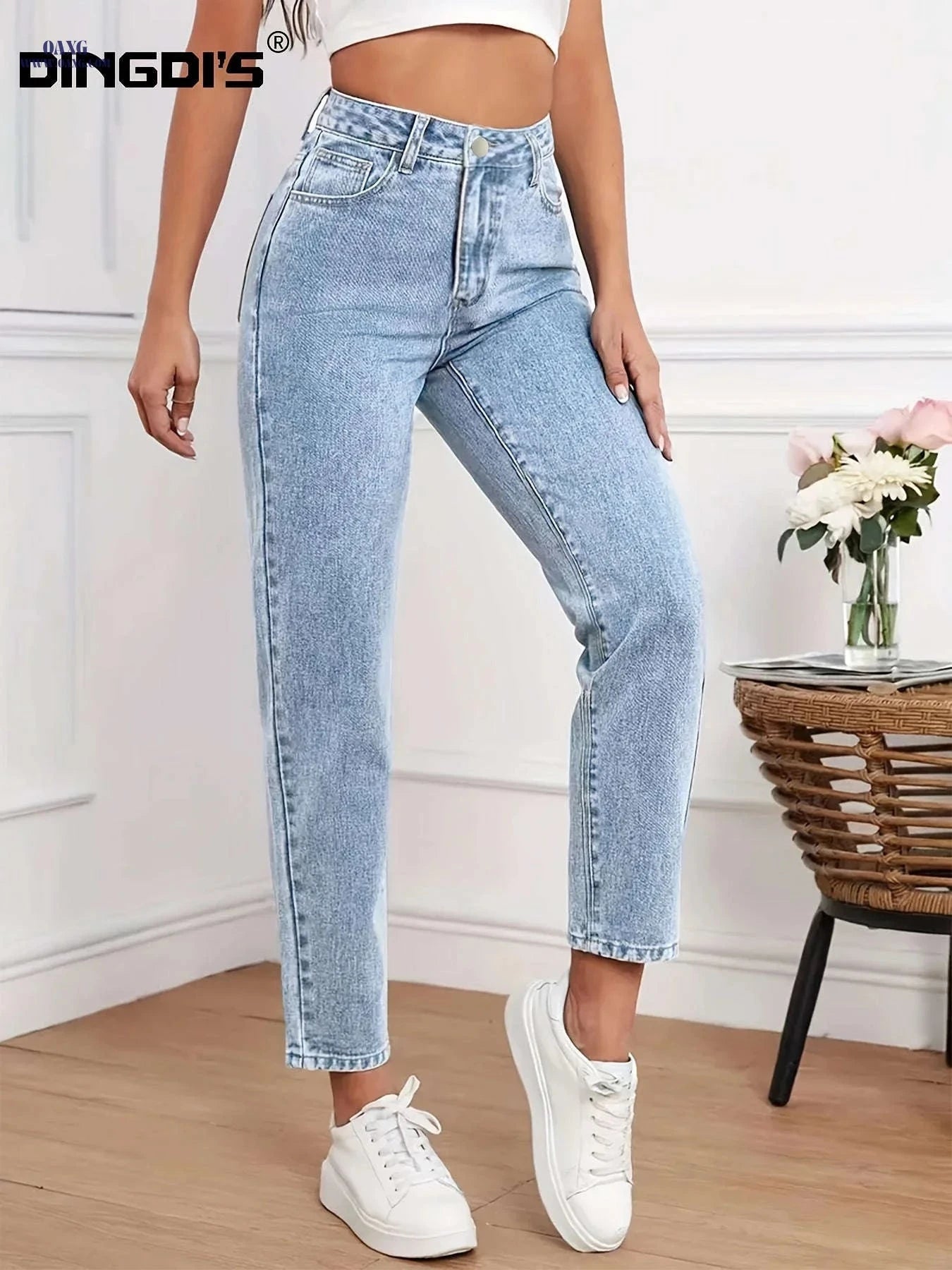 DINGDI Ladies' Stretchy Mid-Rise Blue Straight-Leg Jeans - Tummy Control   OAXG Light Blue / S