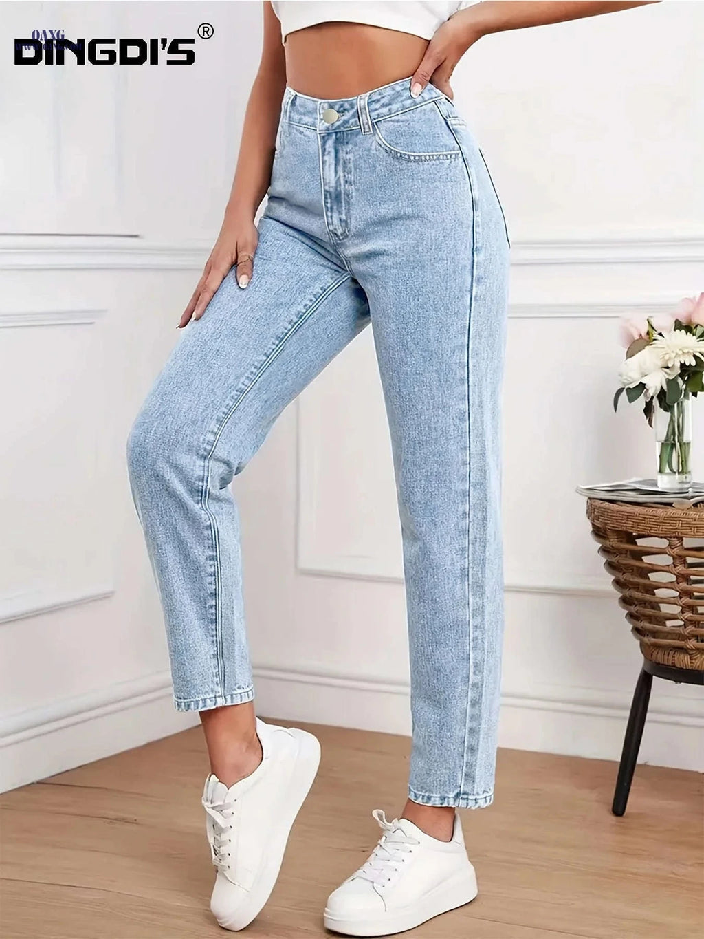 DINGDI Ladies' Stretchy Mid-Rise Blue Straight-Leg Jeans - Tummy Control   OAXG Light Blue / S