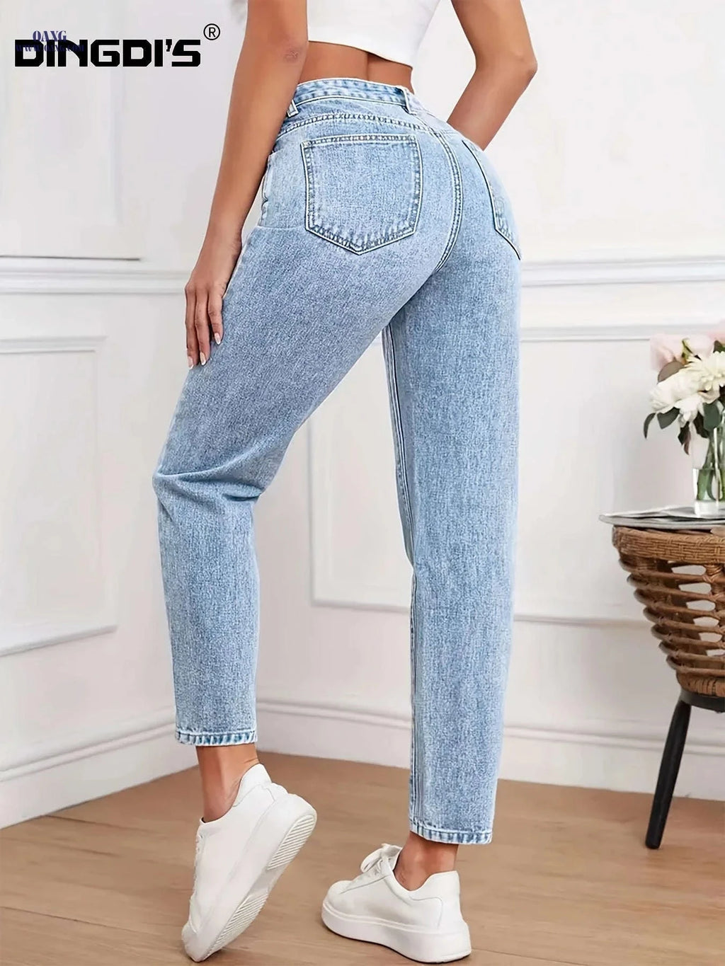 DINGDI Ladies' Stretchy Mid-Rise Blue Straight-Leg Jeans - Tummy Control   OAXG Light Blue / S