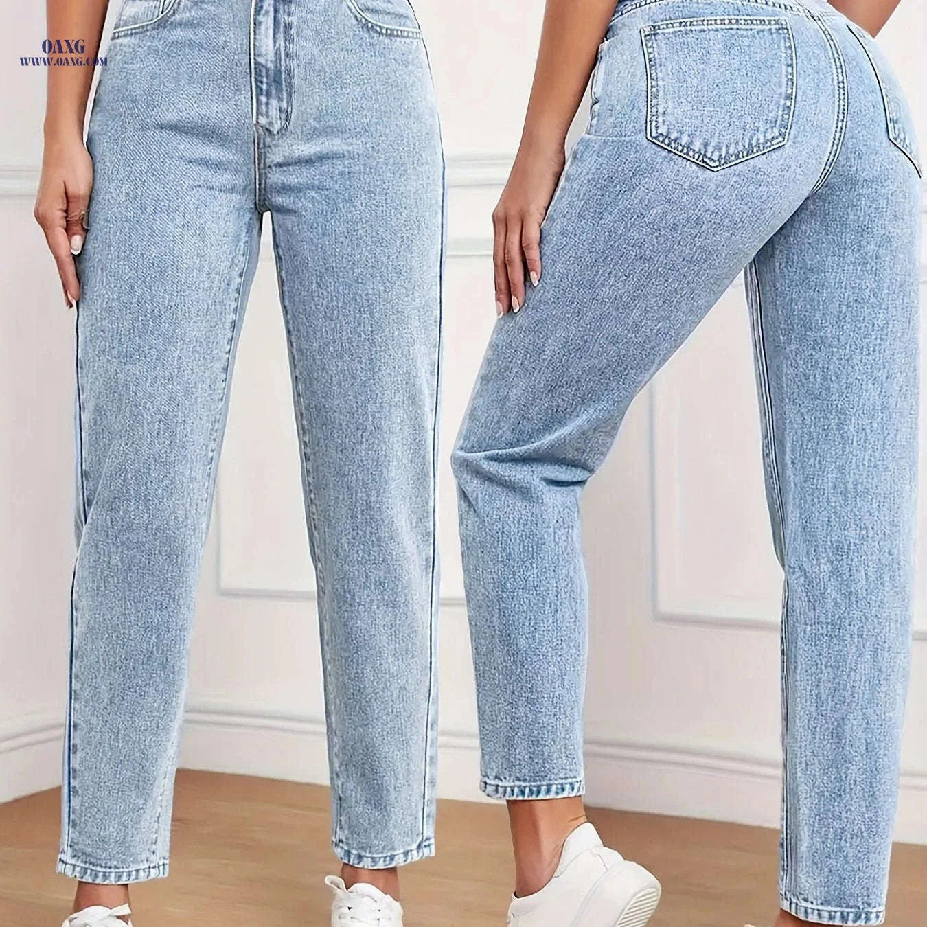 DINGDI Ladies' Stretchy Mid-Rise Blue Straight-Leg Jeans - Tummy Control   OAXG Light Blue / S