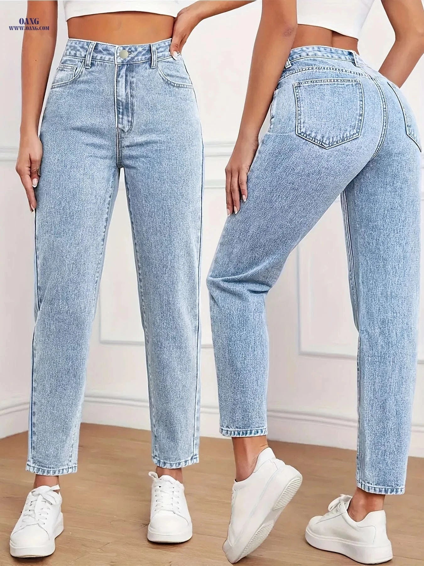 DINGDI Ladies' Stretchy Mid-Rise Blue Straight-Leg Jeans - Tummy Control   OAXG Light Blue / S