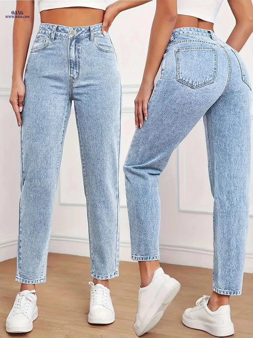DINGDI Ladies' Stretchy Mid-Rise Blue Straight-Leg Jeans - Tummy Control   OAXG Light Blue / S