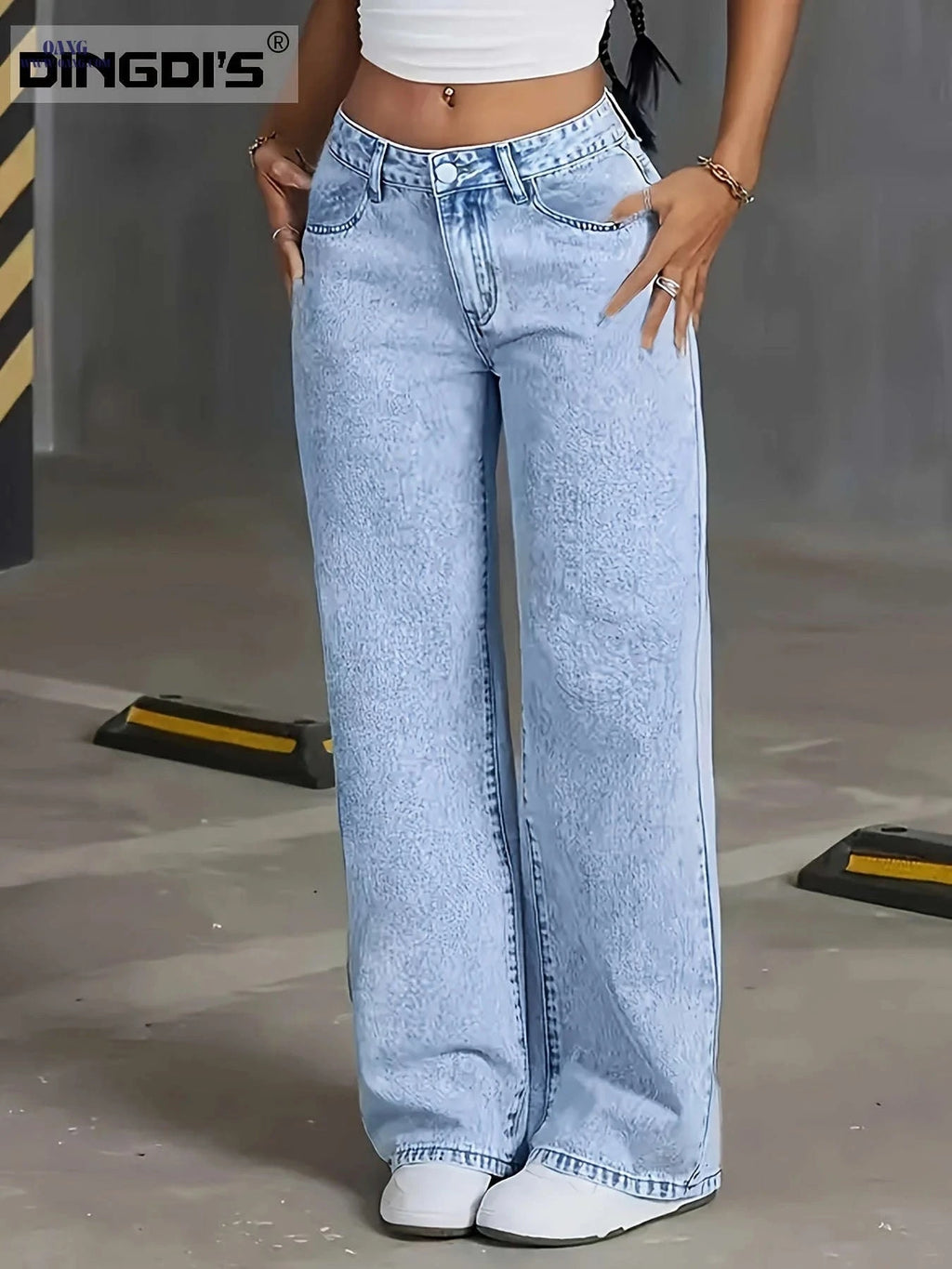 DINGDI's Women's High Waisted Wide Leg Jeans - Acid Washed Comfort Fit   OAXG Light Blue / XS