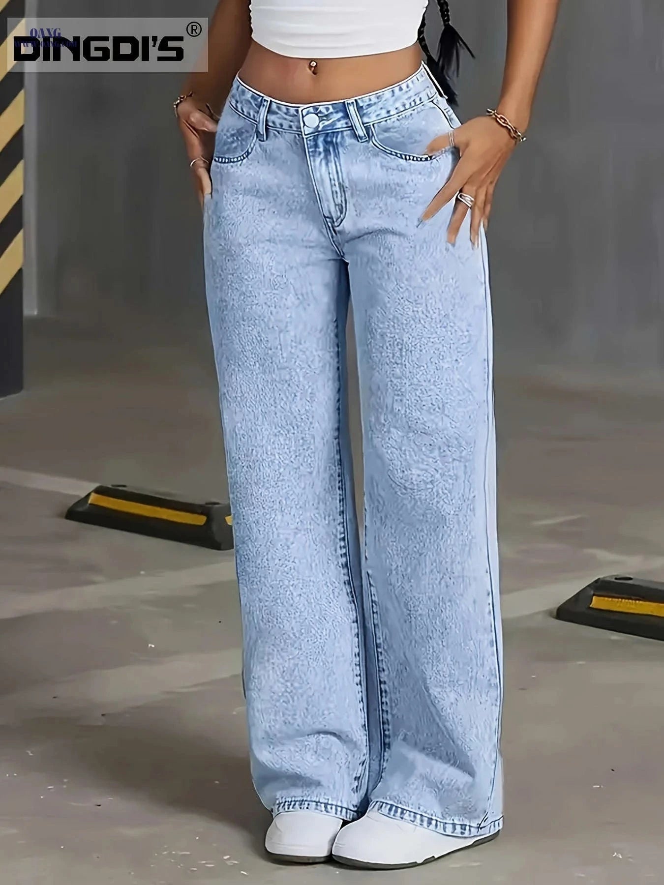DINGDI's Women's High Waisted Wide Leg Jeans - Acid Washed Comfort Fit   OAXG Light Blue / XS