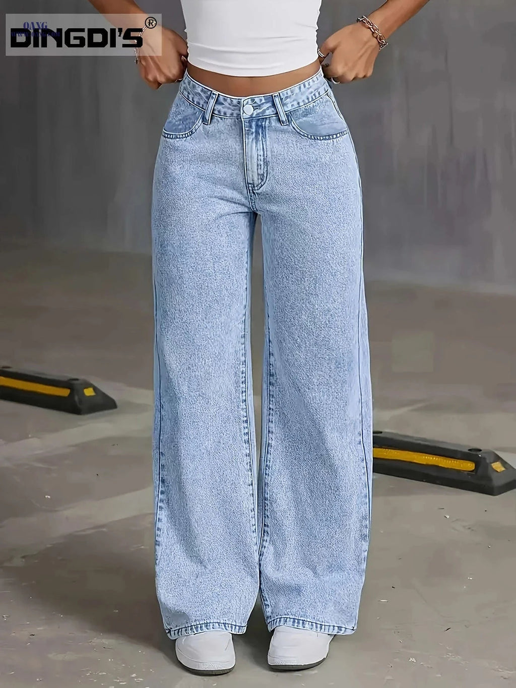DINGDI's Women's High Waisted Wide Leg Jeans - Acid Washed Comfort Fit   OAXG Light Blue / XS