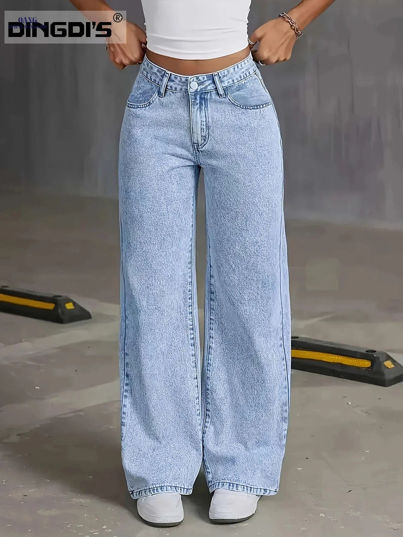 DINGDI's Women's High Waisted Wide Leg Jeans - Acid Washed Comfort Fit   OAXG Light Blue / XS