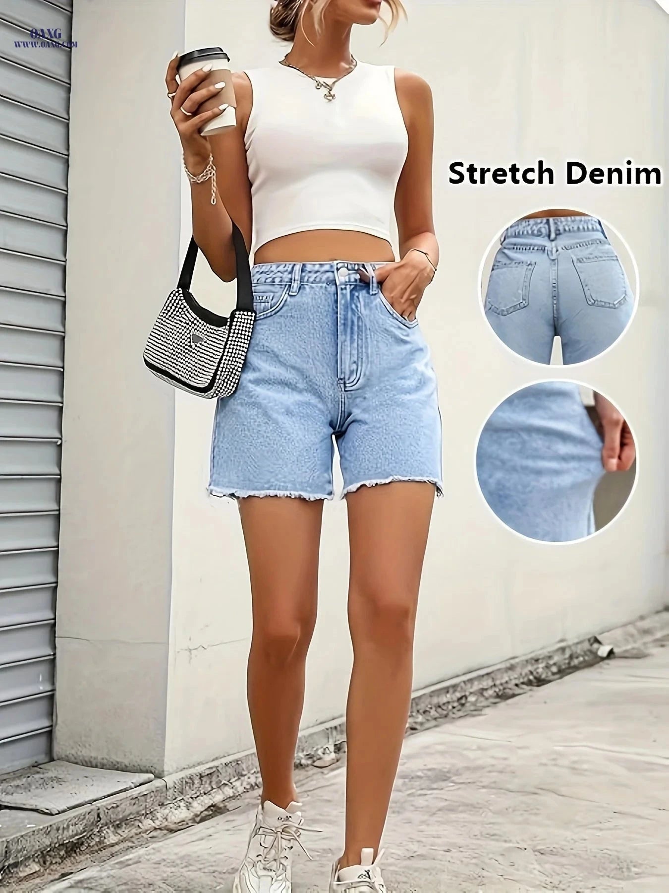 DINGDI Women's Stretch Denim Shorts - Frayed Hem Casual Fit   OAXG 