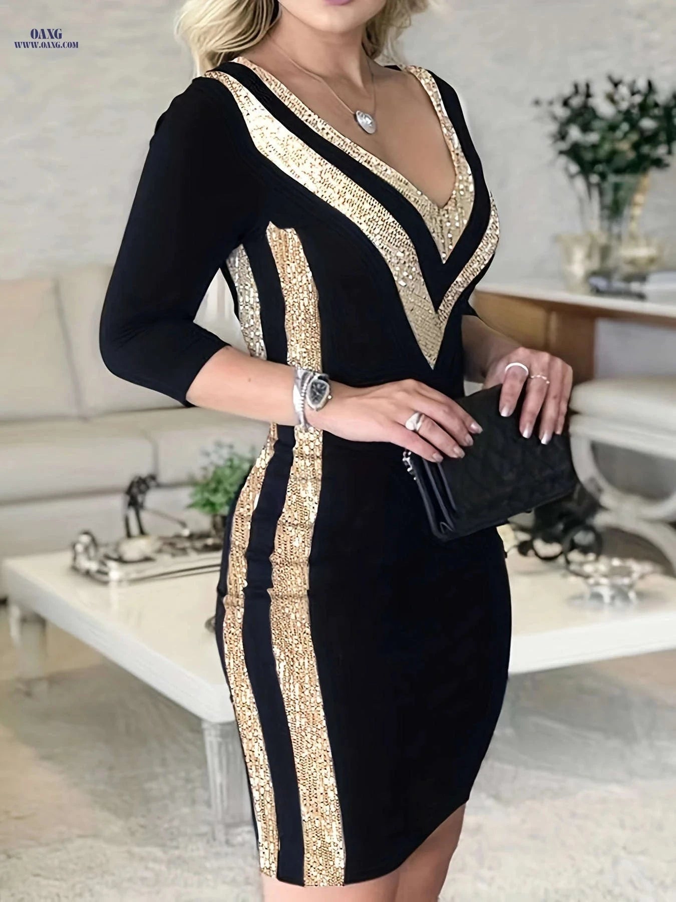 Directed AC110 Sequin Evening Gown - V-Neck Stylish Dress   OAXG Black / S