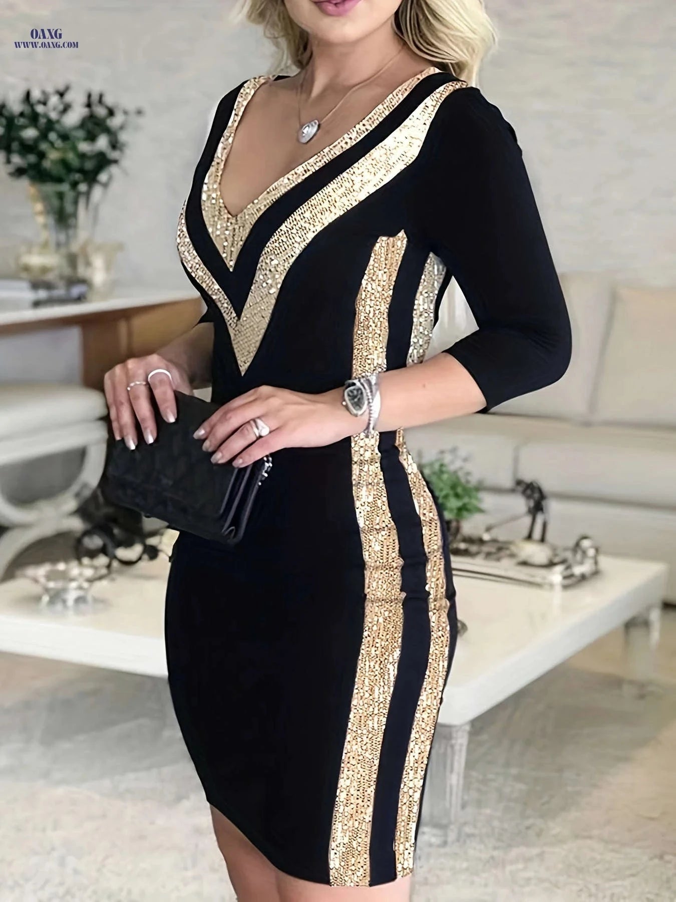 Directed AC110 Sequin Evening Gown - V-Neck Stylish Dress   OAXG Black / S