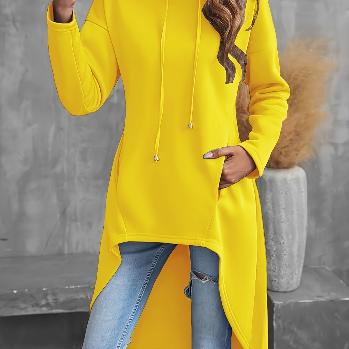Directional Pocket Long Sleeve Mid-Length Hooded Sweatshirt   OAXG 