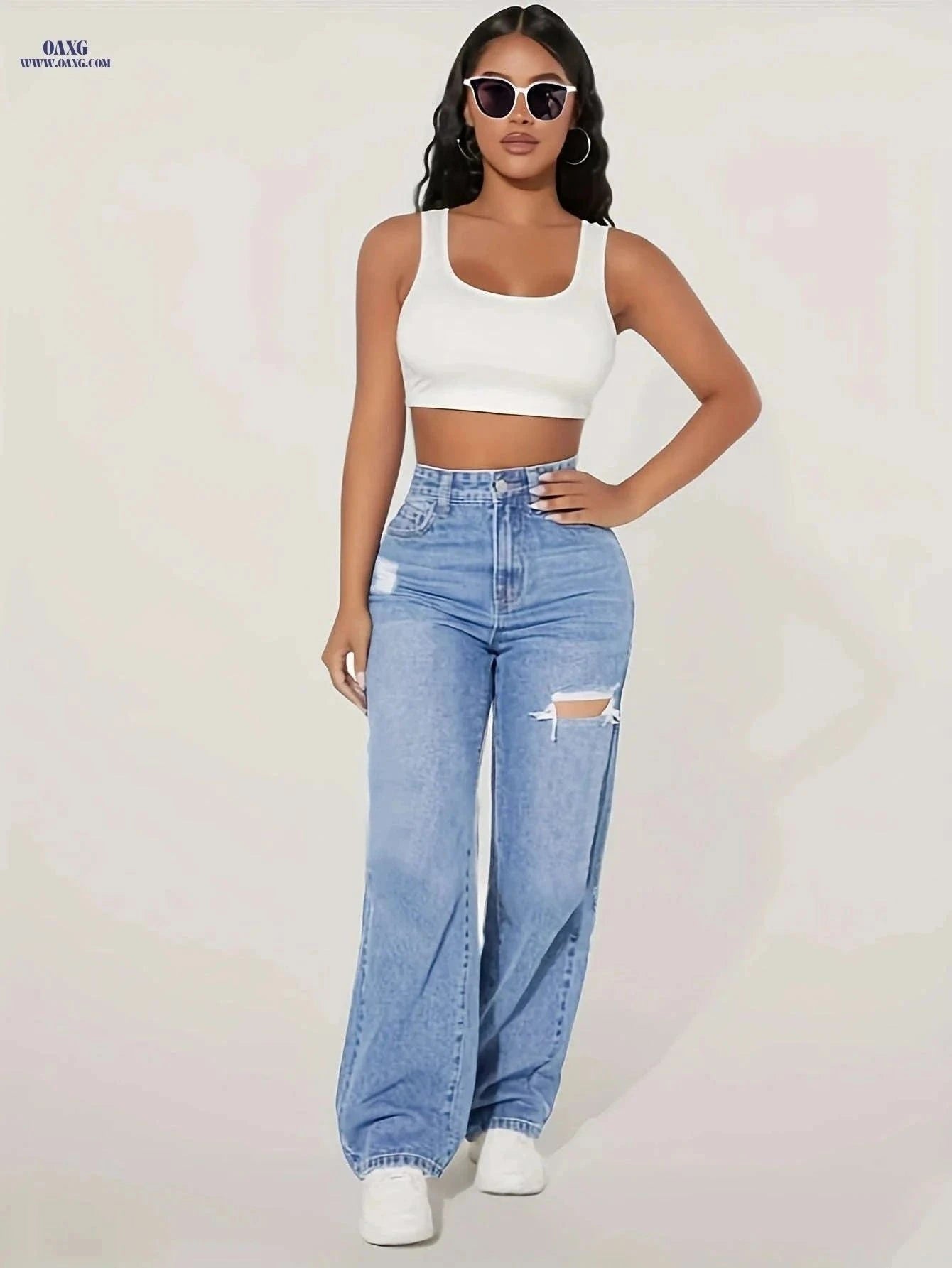 DK68031 Fashionable Wide Leg Pants - Casual High Waist Style   OAXG Peacock Blue / XS