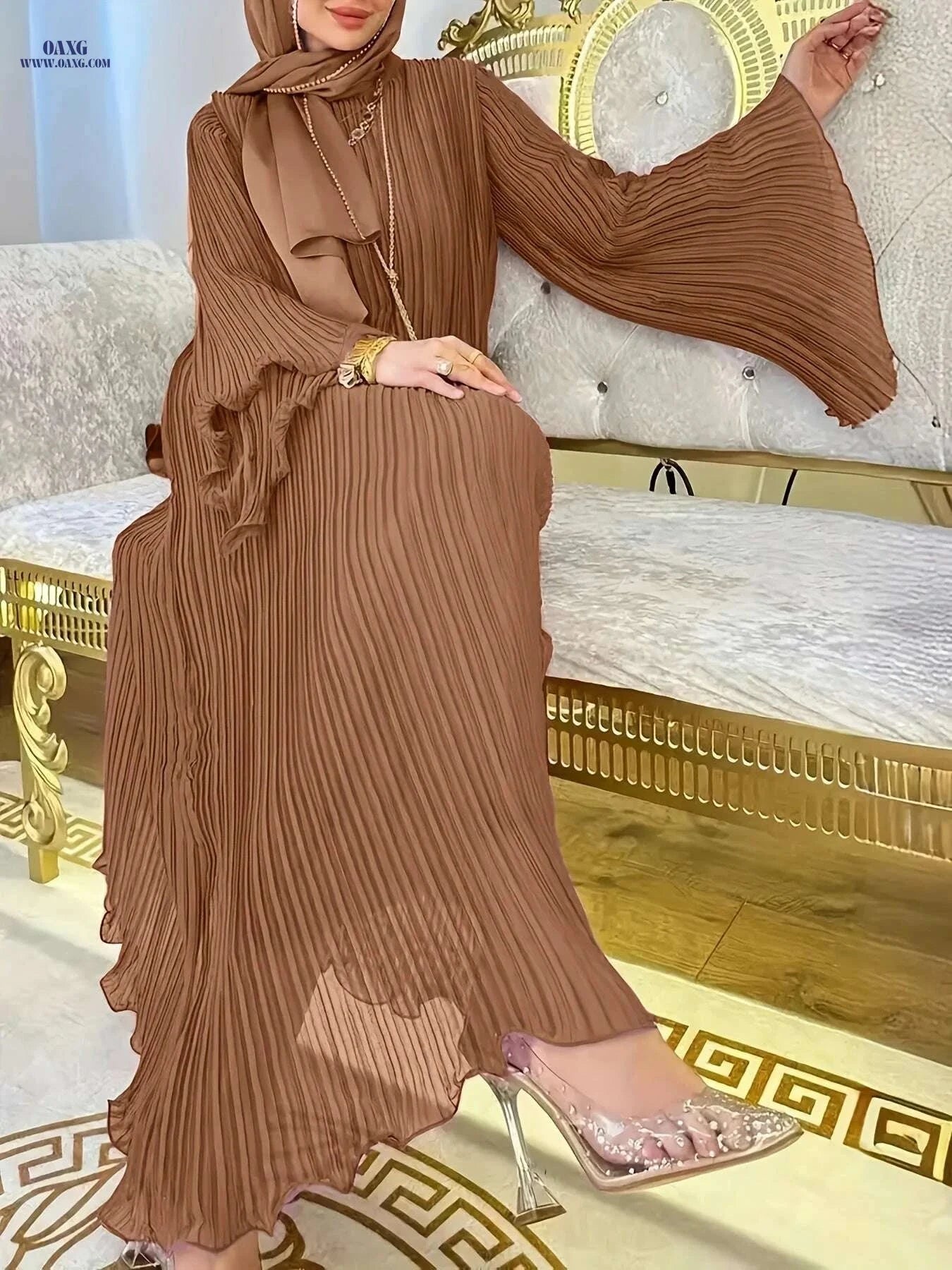 DRIFT INTO GARDEN Long Robe - Stylish Wrinkled Design, Ruffle Sleeves   OAXG Rose Brown / S