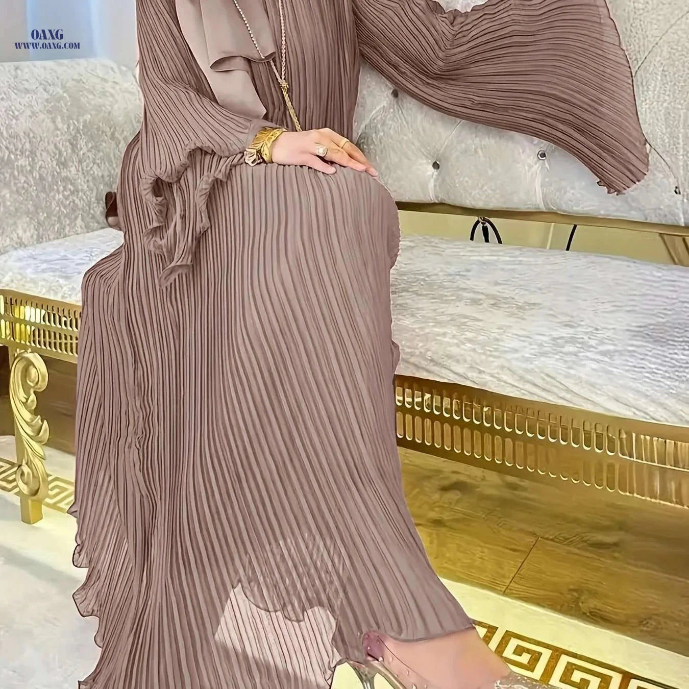 DRIFT INTO GARDEN Long Robe - Stylish Wrinkled Design, Ruffle Sleeves   OAXG Rose Brown / S