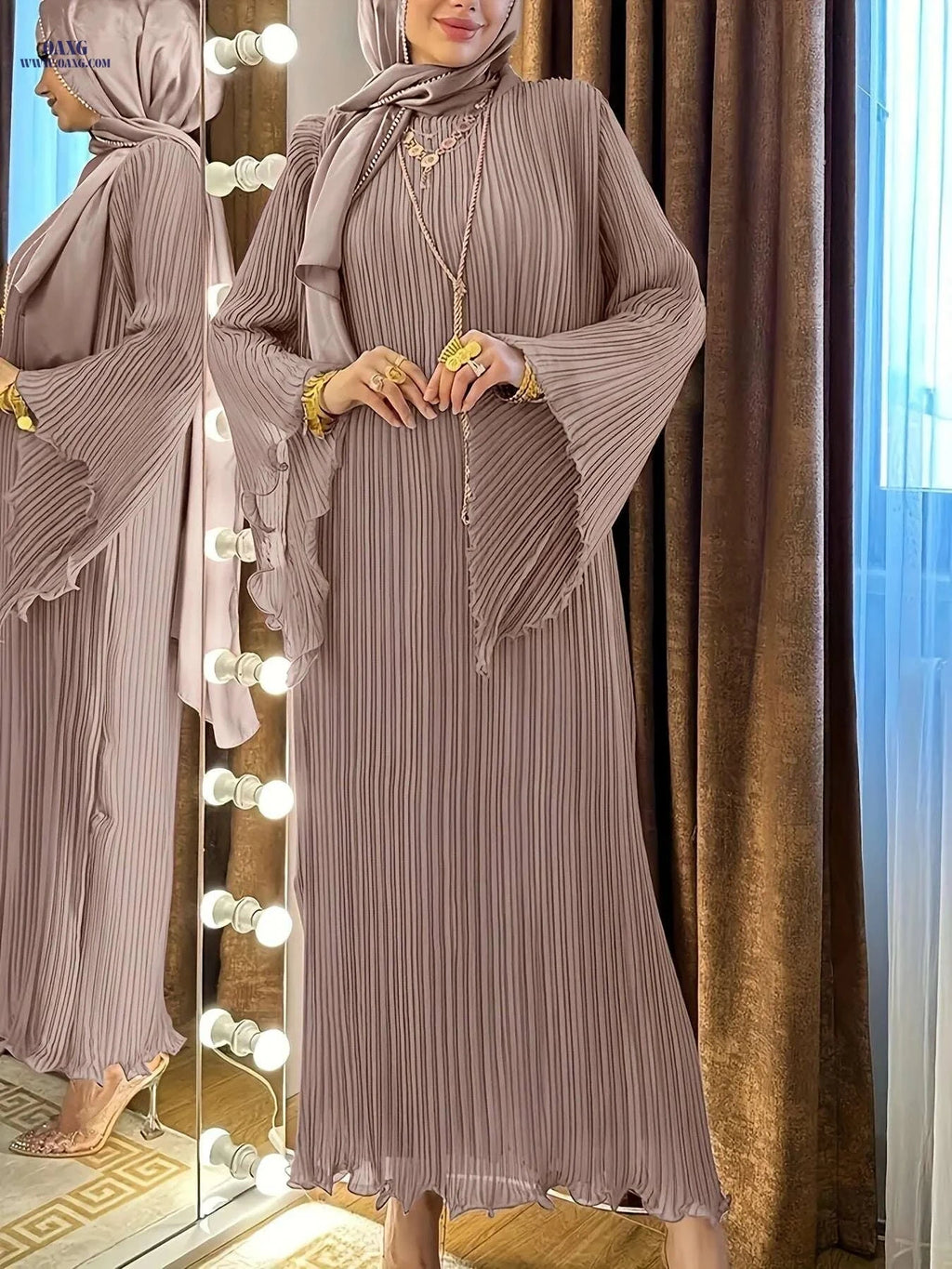DRIFT INTO GARDEN Long Robe - Stylish Wrinkled Design, Ruffle Sleeves   OAXG Rose Brown / S