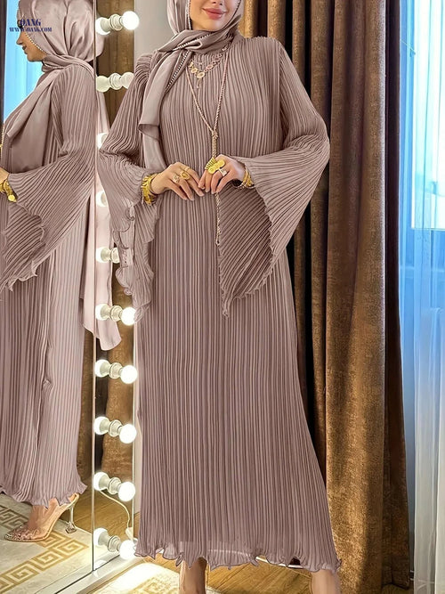 DRIFT INTO GARDEN Long Robe - Stylish Wrinkled Design, Ruffle Sleeves   OAXG Rose Brown / S