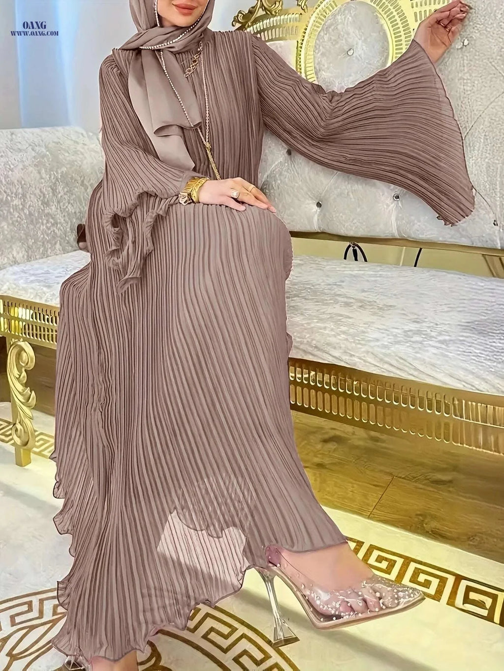 DRIFT INTO GARDEN Long Robe - Stylish Wrinkled Design, Ruffle Sleeves   OAXG Rose Brown / S