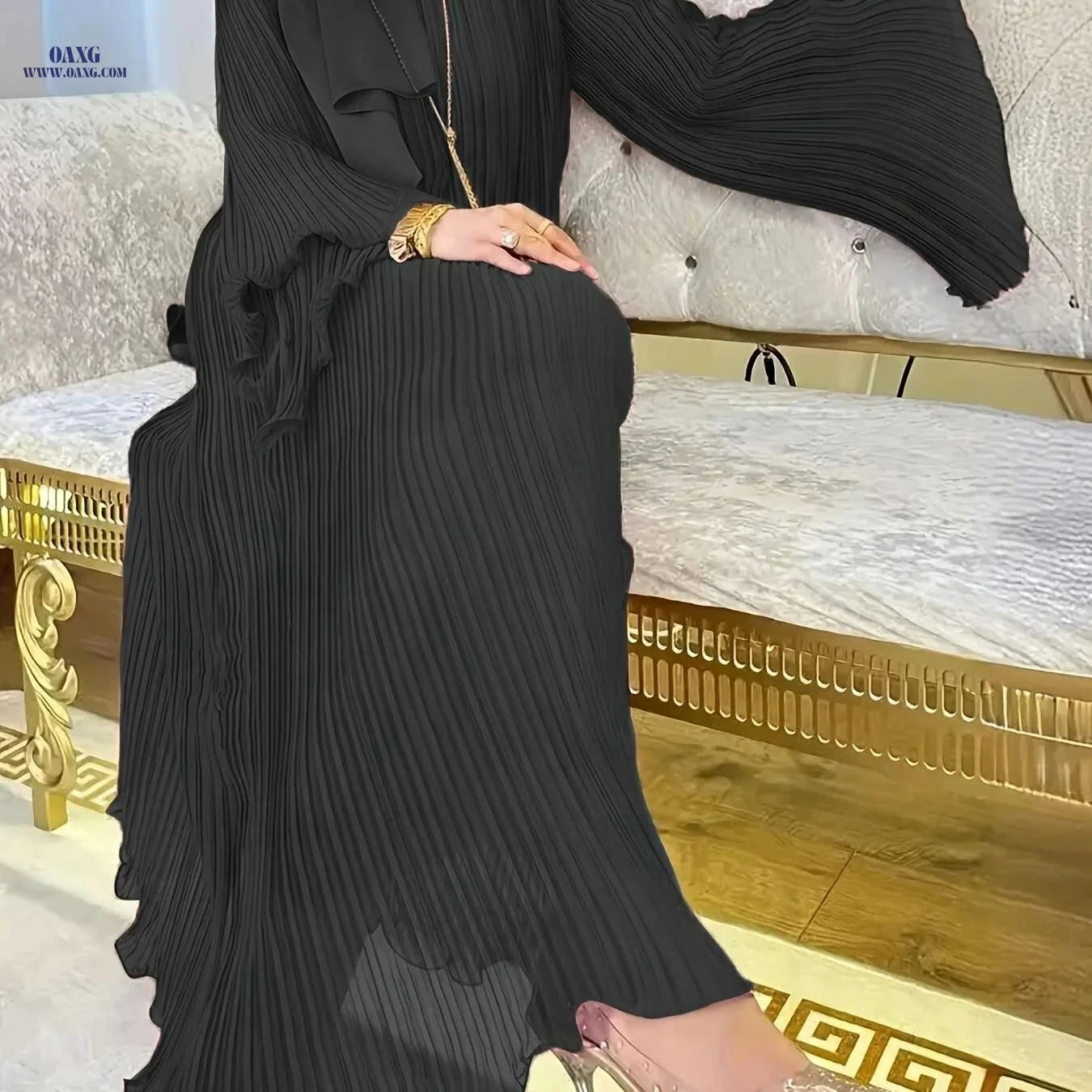 DRIFT INTO GARDEN Long Robe - Stylish Wrinkled Design, Ruffle Sleeves   OAXG Rose Brown / S