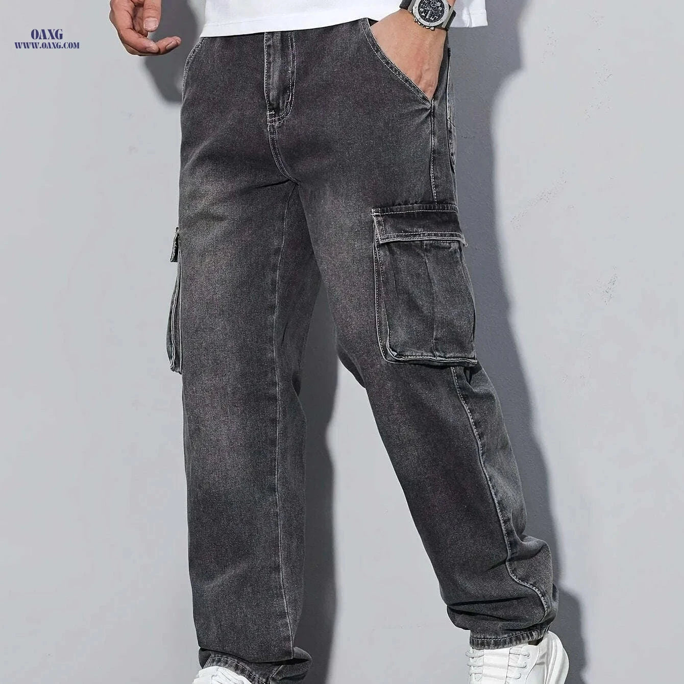 Durable Men's Cargo Jeans - Loose Fit, Heavy-Duty Utility Pants   OAXG 