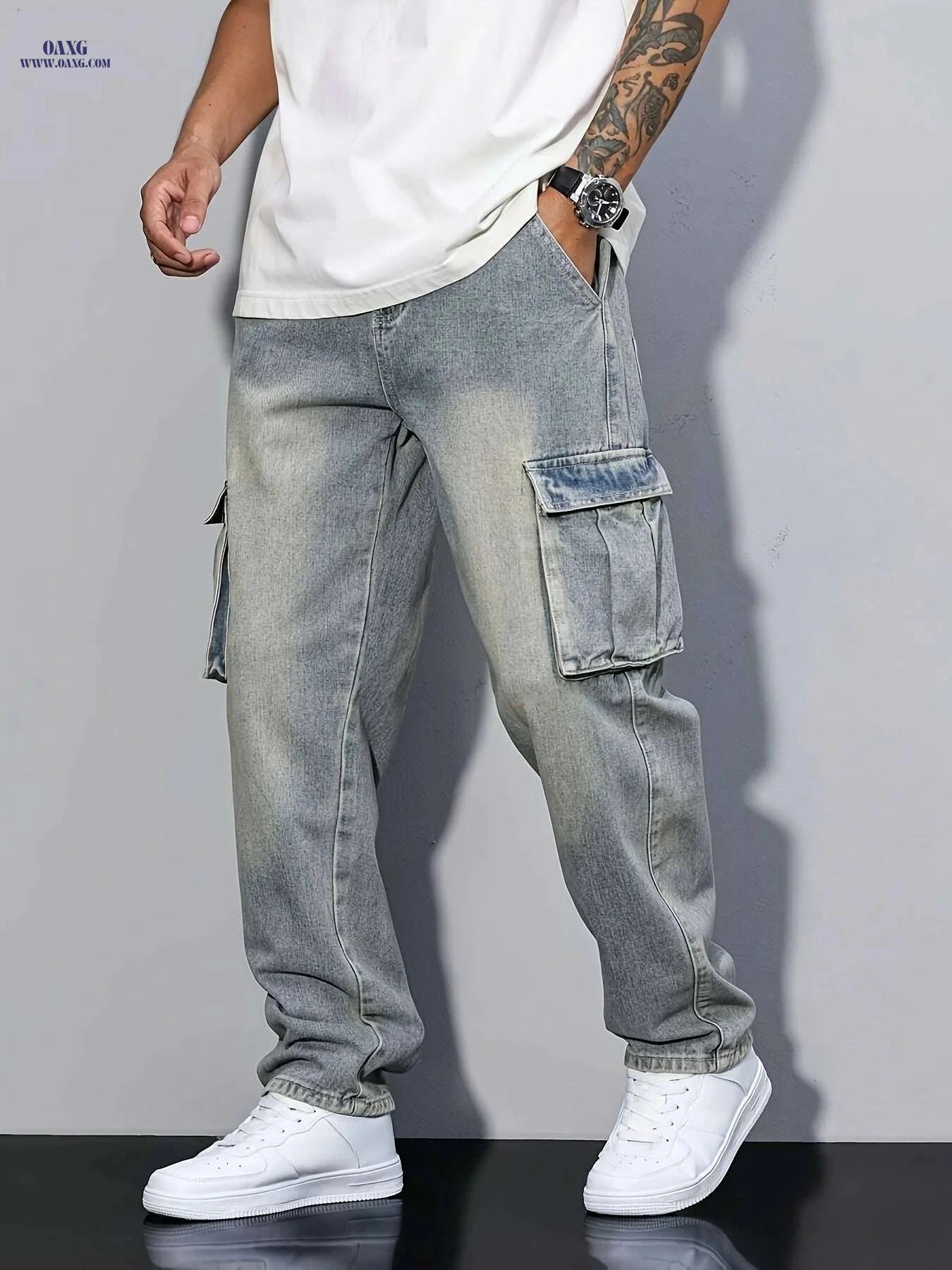 Durable Men's Cargo Jeans - Loose Fit, Heavy-Duty Utility Pants   OAXG 