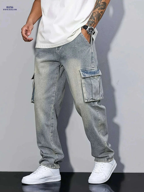 Durable Men's Cargo Jeans - Loose Fit, Heavy-Duty Utility Pants   OAXG 