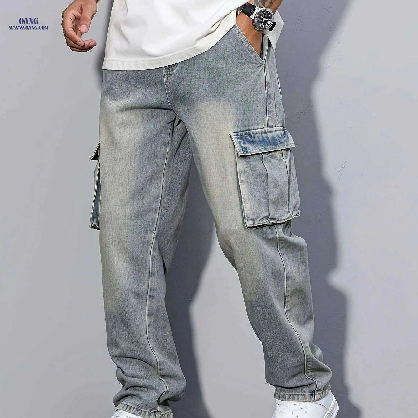 Durable Men's Cargo Jeans - Loose Fit, Heavy-Duty Utility Pants   OAXG Sea Blue / XS