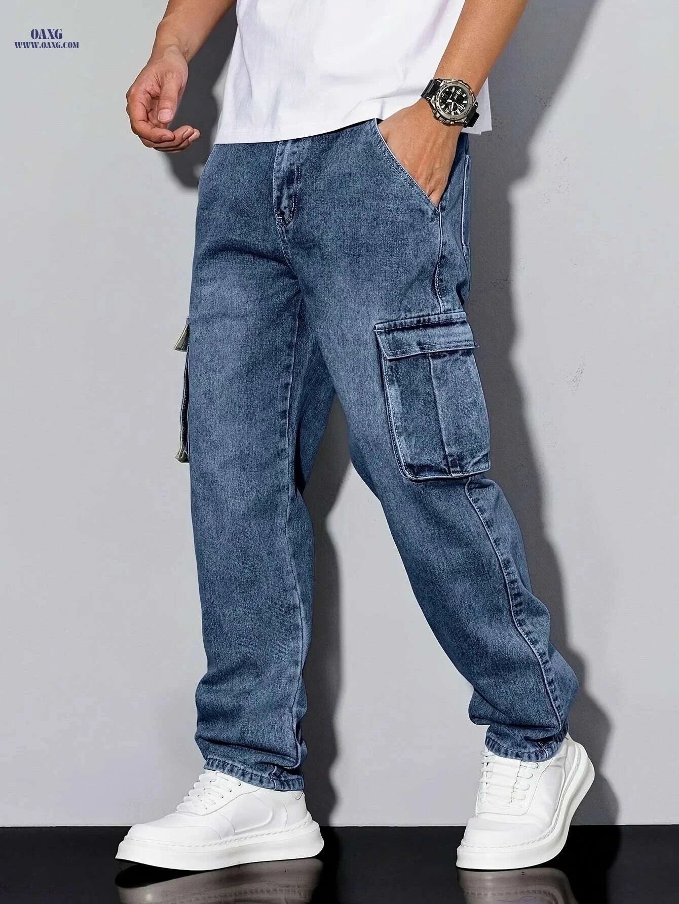 Durable Men's Cargo Jeans - Loose Fit, Heavy-Duty Utility Pants   OAXG Sea Blue / XS