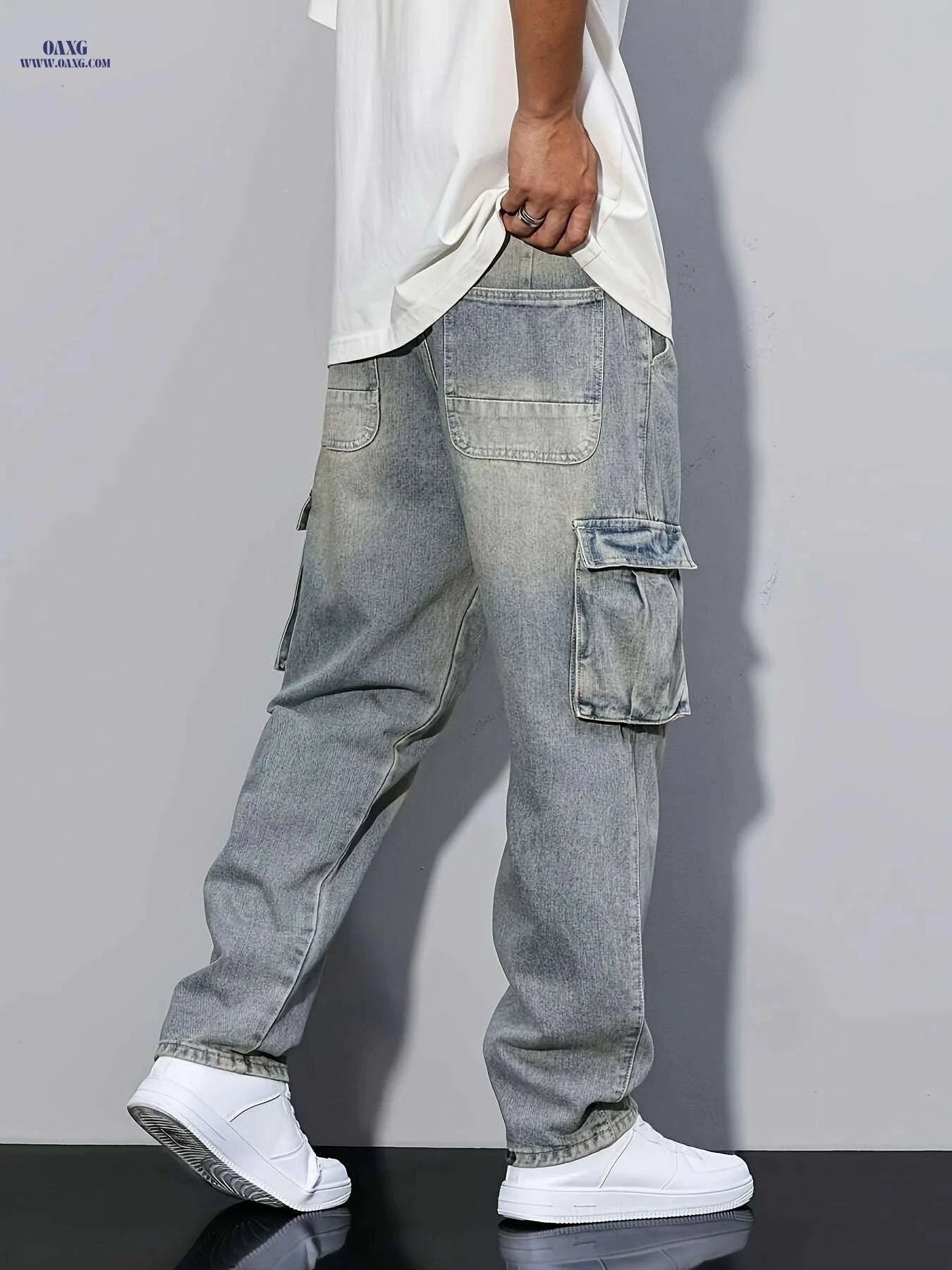 Durable Men's Cargo Jeans - Loose Fit, Heavy-Duty Utility Pants   OAXG Sea Blue / XS