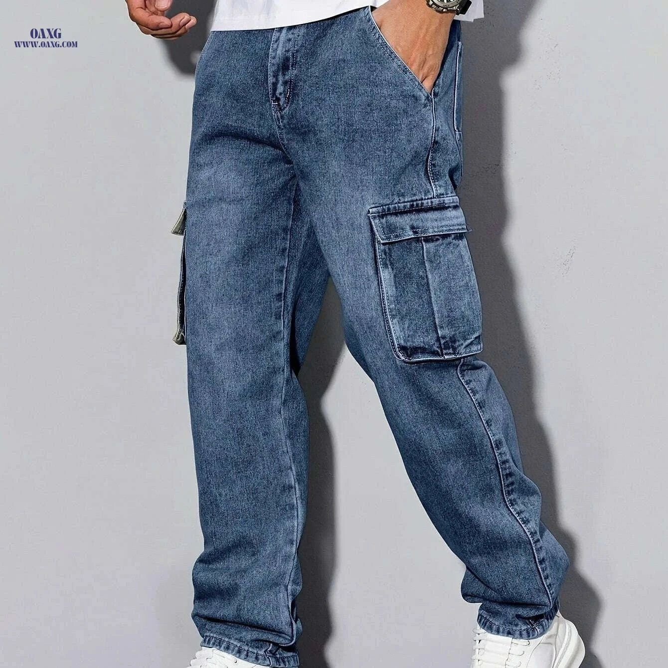 Durable Men's Cargo Jeans - Loose Fit, Heavy-Duty Utility Pants   OAXG Sea Blue / XS