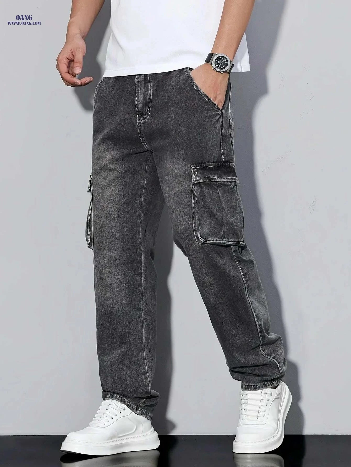 Durable Men's Cargo Jeans - Loose Fit, Heavy-Duty Utility Pants   OAXG Sea Blue / XS