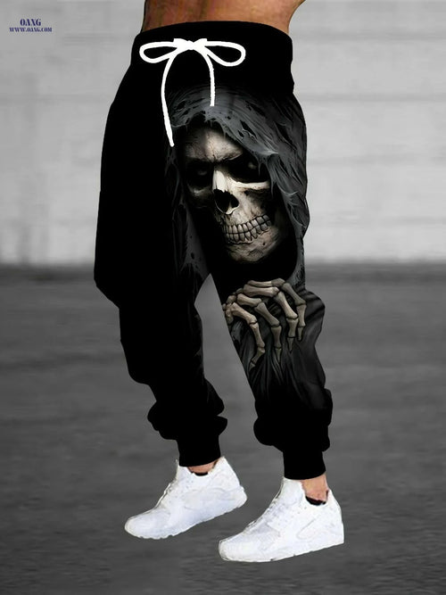 Edgy 3D Halloween Skull Joggers - Full-Length Casual Streetwear for Men   OAXG 